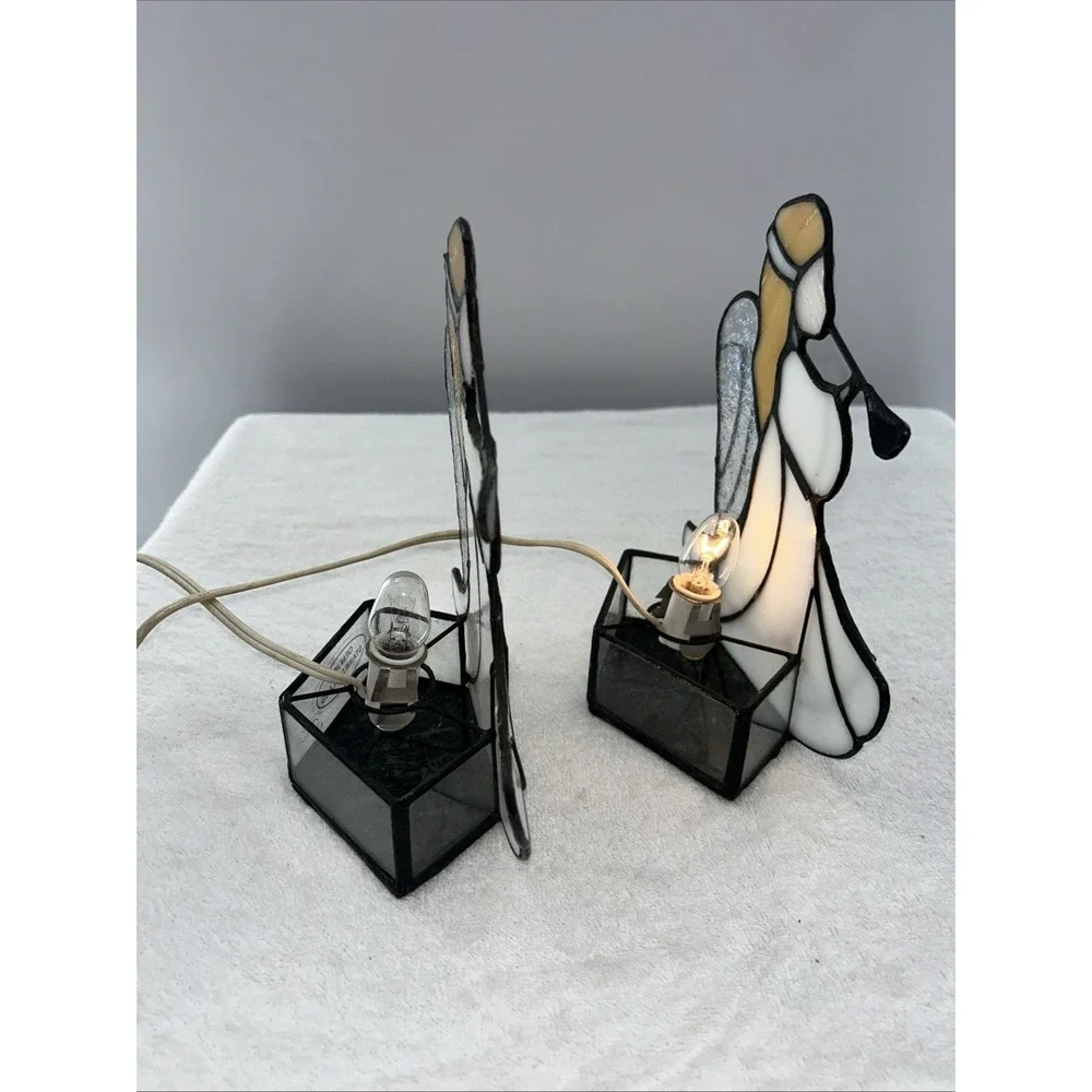 Set Of 2 Stained Glass Angel Accent Glass Metal Tiffany Style Night Lights